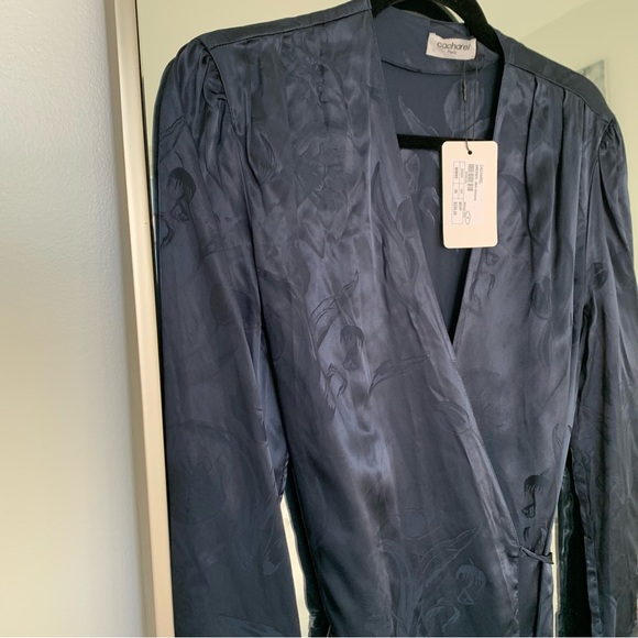 Cacharel Navy Blue Floral Jacquard Wrap Dress NWT Size 36 / Small - Picture 3 of 8